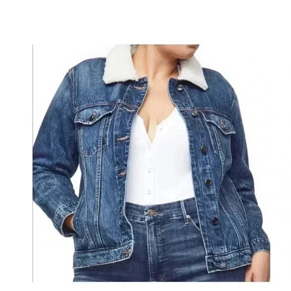 Good American Sherpa Collar Blue Denim Jacket - Picture 1 of 8
